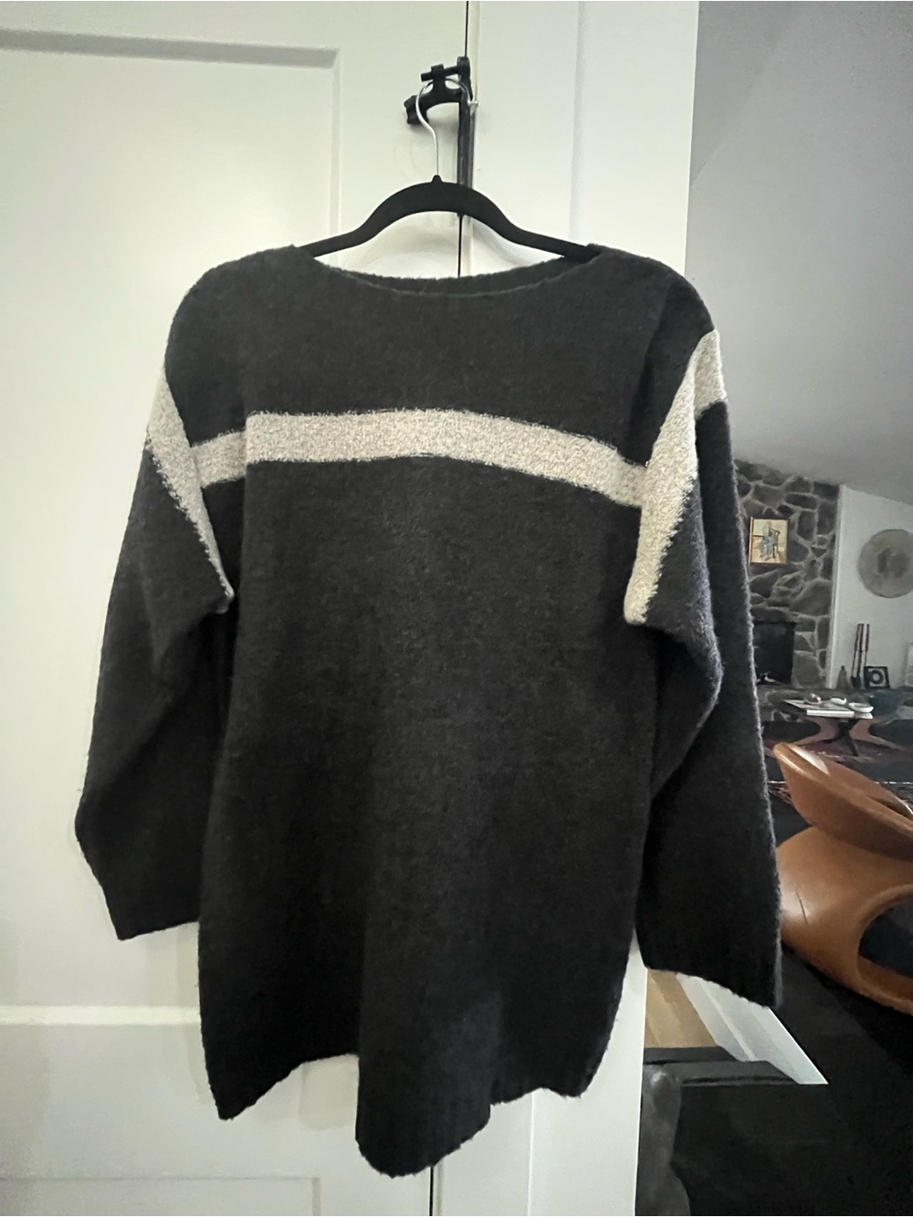 Escada Sport Black Crewneck Sweater with Ivory Stripe cozy longer minimalist